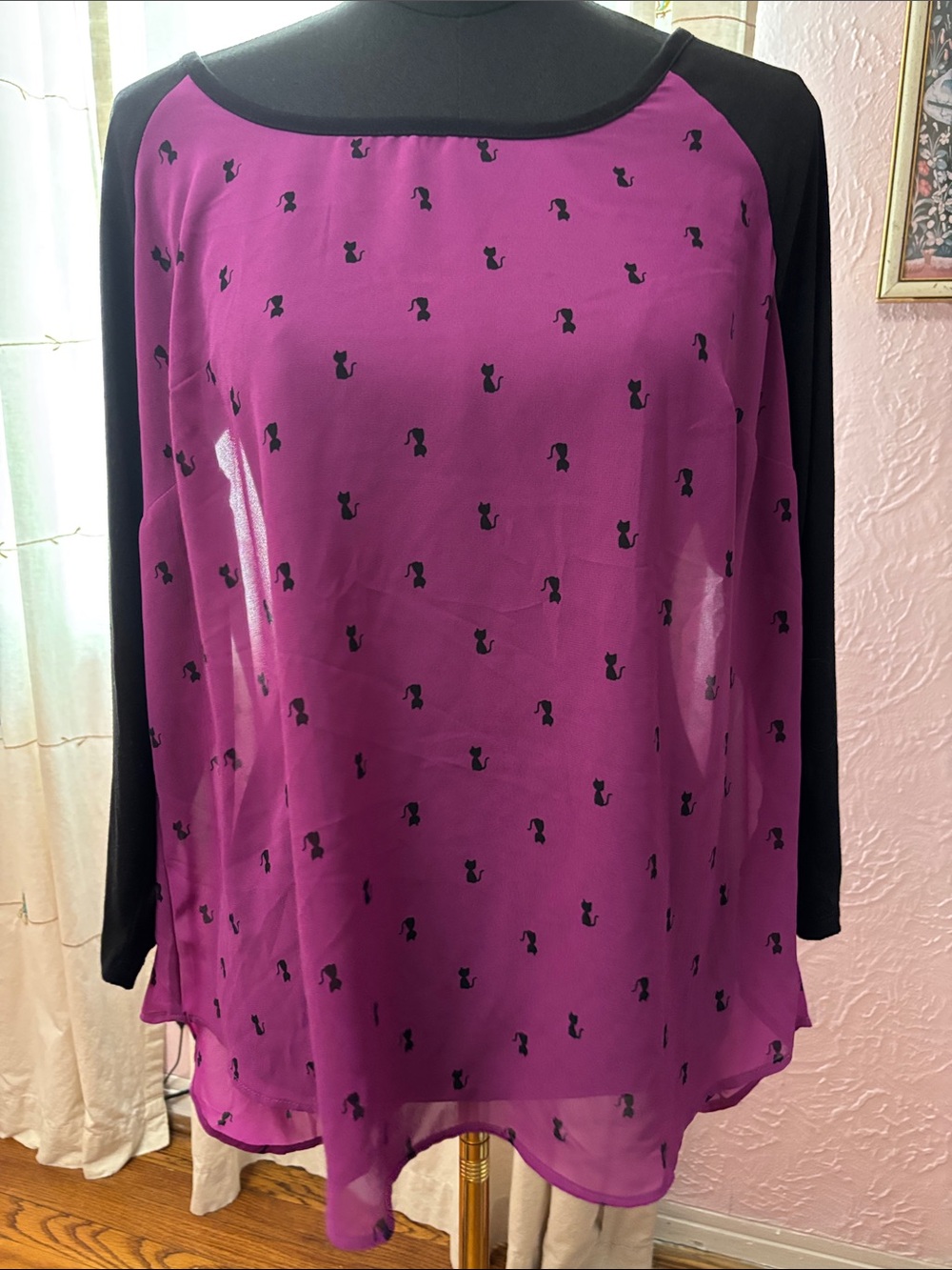 torrid Purple Tunic with Black Raglan Sleeves and Cat Silhouettes